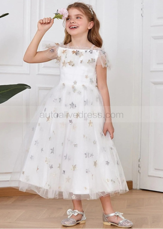 Off Shoulder Star Tulle Shimmering Flower Girl Dress